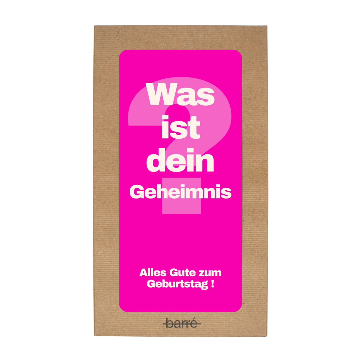 Was ist dein Geheimnis? Alles Gute zum Geburtstag! — Chocolat & carte à message | barré
